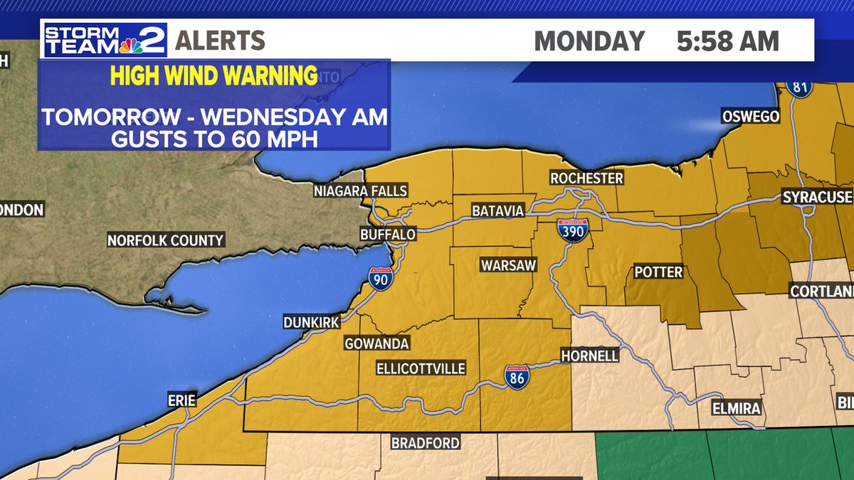 A storm is brewing for tomorrow with rain and high winds. Winds, could gust to 60+ mph later tomorrow and tomorrow night, especially South of Buffalo @wgrz