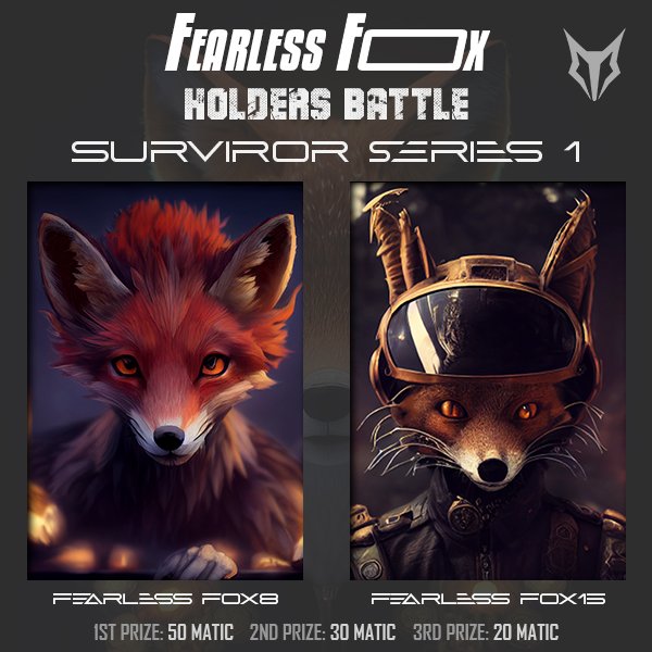 billionaire_fox's tweet photo. ๐ฆ๐ฅ #FearlessFox Holders battle๐ฅ
โ๏ธ SURVIVOR SERIES 1 โ๏ธ
๐ Vote between FOX8 Vs FOX15
Vote on poll in first comment ๐
#BFC #BillionaireFox #FoxFam #Battlefield #MATIC #NFTs #PolygonNFTs #Trending #polls #NFTs #nftcollectors https://t.co/1nbvCOJo8k