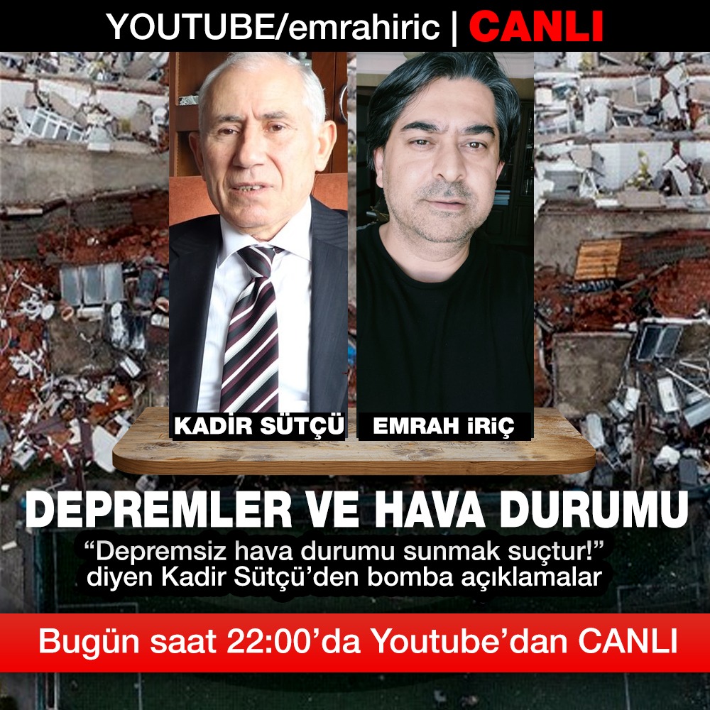 Arkadaşlar hava durumunun çok konuşulduğu bir zamanda çok önemli bir noktaya parmak basıyoruz bu gece saat 22'de YouTube kanalımda.  youtube.com/@iricemrah/str… linki bıraktım bekleriz... <a href="/dekos_tv/">Kadir Sütçü (DK VE DEKOS İLE DEPREM KESTİRİMİ)</a>