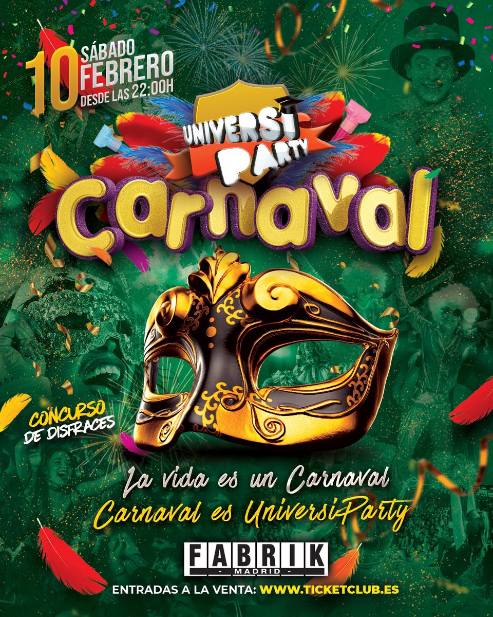 Nos pasamos la vida disfrazándonos para aparentar. Pero por una noche podrás ser libre disfrazándote de lo que quieras en…

🎊🎭 <a href="/UniversiParty/">UniversiParty</a> CARNAVAL 🎭🎊

🗓️ Sábado 10 de Febrero
🕦 Desde las 22:00
📍 <a href="/fabrikdiscoteca/">FABRIK</a> 

🎫 ENTRADAS - Desde 20€
ticketclub.es/es/plans/149748