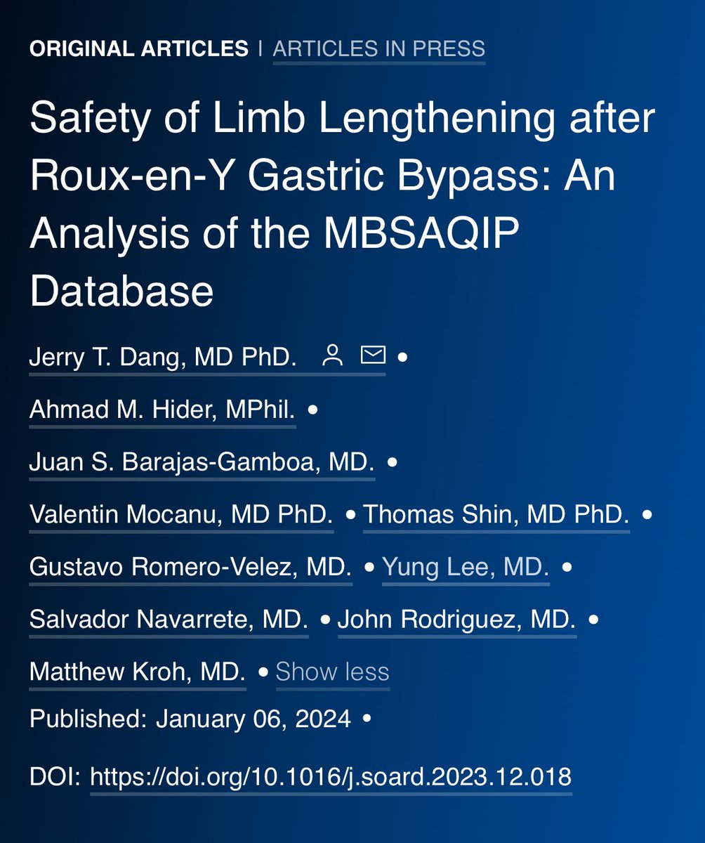 SOARD_JOURNAL's tweet photo. #INPRESS on @SOARD_JOURNAL 

MBSAQIP data on revisional surgery with limb lengthening compared to primary RYGB:

✅ No difference in serious complications and mortality

❌ Previous VTE was the only significant risk factor 

@JerryDangMD @matthew_kroh https://t.co/NqzX5JPzjt