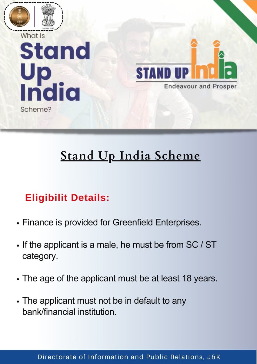 diosamba1's tweet photo. #HamaraSankalpViksitBharat
Under the Stand Up India scheme, Finance is provided for Greenfield Enterprises and if the applicant is a male, he must be from the SC/ST category. The age of the applicant must be at least 18 years
@diprjk https://t.co/RmKV6kPqLk