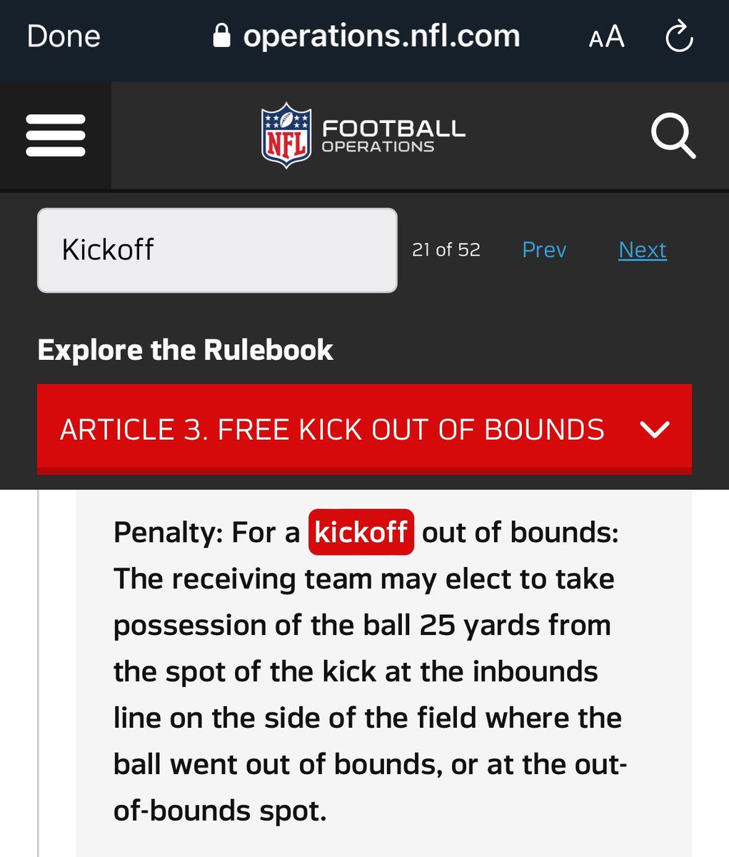 oso_37's tweet photo. @AlvaroNFLMartin Uhm, lo de touchback + castigo, no es correcto. Lo correcto es que el equipo que recibe tiene la opción d elegir si la bola se coloca a 25 yardas de donde originalmente se pateo la bola (yarda +35), es decir, se coloca en la yarda -40; la otra opción es que se coloque donde salió https://t.co/9d8QrJY626