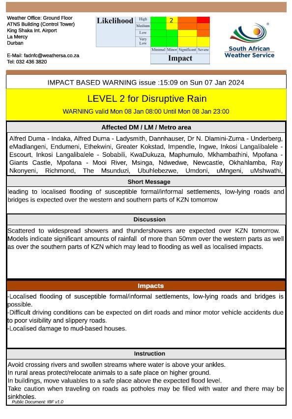 kzngov's tweet photo. ⚠️ALERT: KwaZulu-Natal faces level 2 disruptive rains today! Residents, avoid crossing swollen rivers, be cautious on the roads, and consider delaying travel plans. Stay updated on weather conditions, and follow safety guidelines. #BeDisasterWise https://t.co/mPz9VDq4Sf