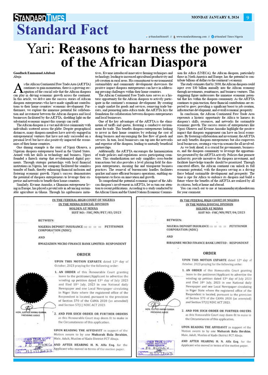 DO YOU KNOW THAT THE AFRICAN DIASPORA HAS THE POTENTIAL TO CONTRIBUTE OVER $50 BILLION ANNUALLY TO THE AFRICAN ECONOMY? Get a copy of the newspaper here for free:drive.google.com/file/d/1dnQDgE…