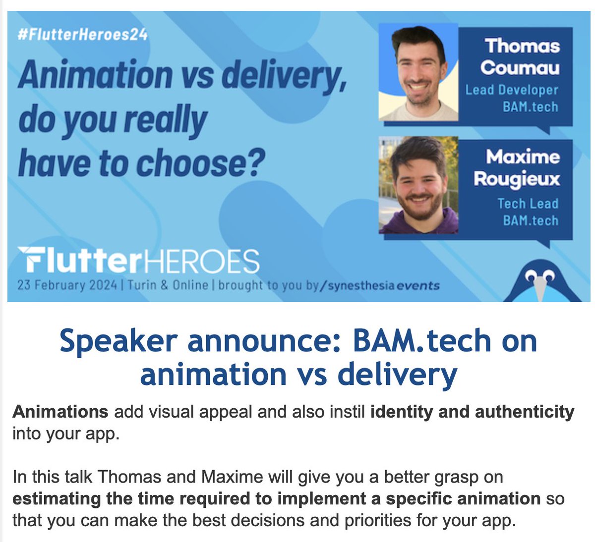 Guillaume Diallo (@guitoof) on Twitter photo ๐ So proud to have our 2 <a href="/FlutterDev/">Flutter</a> devs <a href="/RougieuxMaxime/">Maxime Rougieux ๐</a> & <a href="/CoumauThomas/">Thomas Coumau</a> from <a href="/bam_lab/">Theodo Apps</a> as speakers ๐ค at <a href="/flutterheroes/">Flutter Heroes</a> ๐ฎ๐น this year!
Don't miss their great talk about to integrate awesome animations without compromising on delivery in your Flutter apps ๐๏ธ
Congratulations guys ๐ So proud to have our 2 <a href="/FlutterDev/">Flutter</a> devs <a href="/RougieuxMaxime/">Maxime Rougieux ๐</a> & <a href="/CoumauThomas/">Thomas Coumau</a> from <a href="/bam_lab/">Theodo Apps</a> as speakers ๐ค at <a href="/flutterheroes/">Flutter Heroes</a> ๐ฎ๐น this year!
Don't miss their great talk about to integrate awesome animations without compromising on delivery in your Flutter apps ๐๏ธ
Congratulations guys