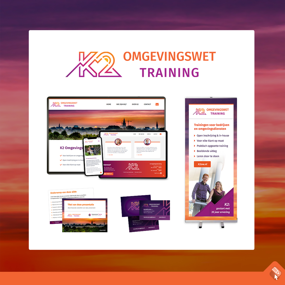 Voor K2 Omgevingswettraining mocht ik het logo en de huisstijl ontwerpen, o.a. visitekaartjes, presentatiebanners en -sjablonen. Ook de website is ontworpen en ontwikkeld door Designstudio Twente. #omgevingswet #training #cursus #trainers #K2 #logodesign #webdesign #huisstijl