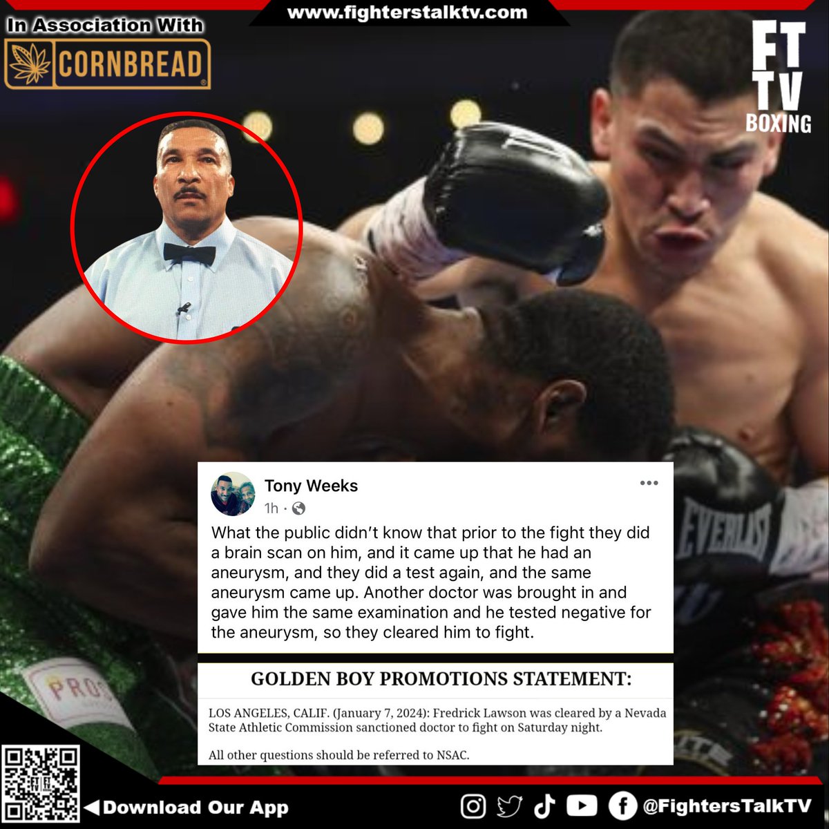FTTVBoxing's tweet photo. Referee Tony Weeks made a notable statement on Facebook overnight to clarify his early stoppage of the Vergil Ortiz vs. Fredrick Lawson bout. In response, Oscar De La Hoya's Golden Boy Promotions issued the following statement. 🥊😱
#OrtizLawson #boxing #TonyWeeks https://t.co/6j62JVUvmX