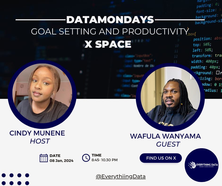 EverythiingData's tweet image. No better way to kick-start your week/year than with an interactive session where we explore effective goal-setting strategies, productivity hacks, and practical insights. 
Come armed with questions, ideas, experiences, together let’s boost our productivity together!
#DataMondays