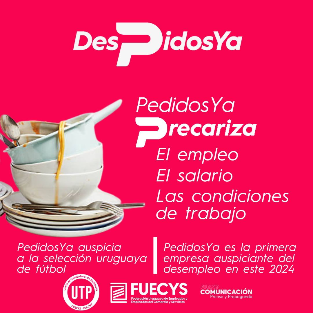 Fuecys_oficial's tweet photo. RT ya! 
La empresa #PedidosYa es la primera empresa auspiciante del desempleo en este 2024! Dejando en la calle a más de 250 trabajadores y trabajadoras, mañana la cita es en DinaTra 25 de Mayo y Juncal a las 10. @MTSSuy @UPedidosya @PITCNT1 https://t.co/qjpB1DHXw8