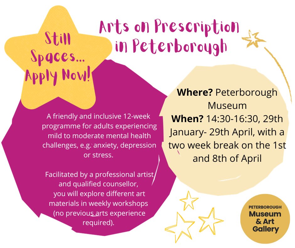 Arts and Minds (@mindsarts) on Twitter photo There are still spaces on our Arts on Prescription course in Peterborough, starting on the 29th of January. To find out more, email us on admin@artsandminds.org.uk There are still spaces on our Arts on Prescription course in Peterborough, starting on the 29th of January. To find out more, email us on admin@artsandminds.org.uk