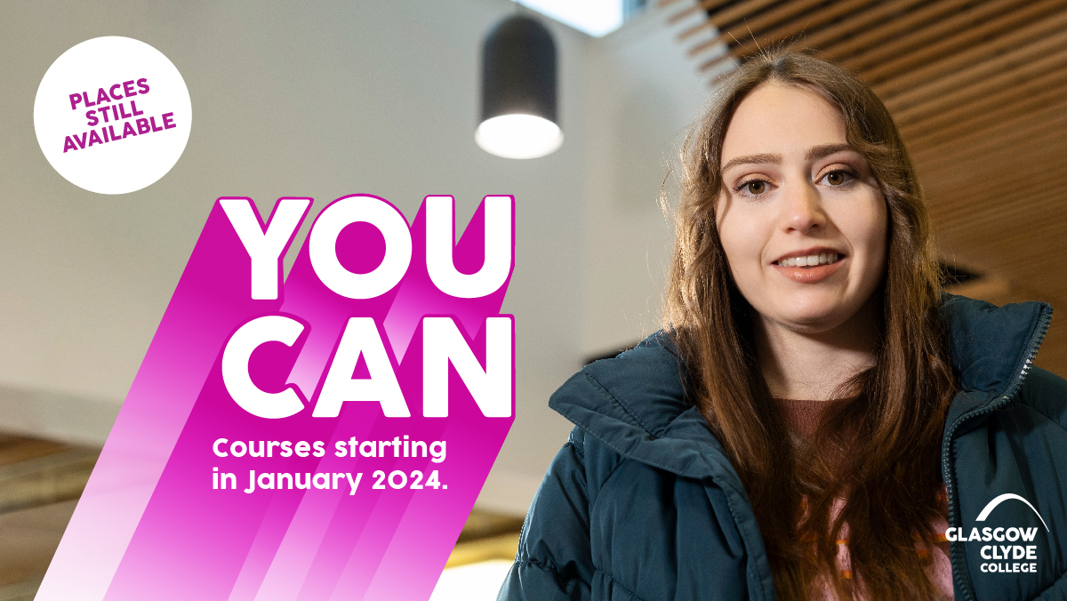 Glasgow_Clyde's tweet photo. There's still time to apply for courses starting in January. Each course is 18 weeks long and offers progression to courses starting in August.
Find out more about the courses with places still available and apply on our website โก https://t.co/hOeCWa50e5 #YouCan #JanuaryCourses https://t.co/VO1HlCIGX5
