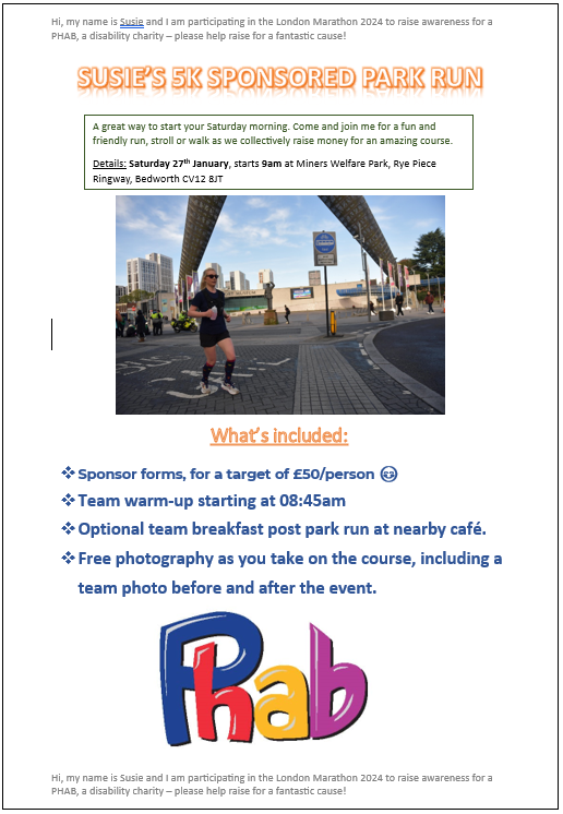 championingGEH's tweet photo. Thanks to Susie Stringer for her @TrussellTrust donation! Susie will be taking part in Bedworth park run on the 27th of Jan to raise awareness for @phab_charity Please contact Susie if you would like to take part or volunteer with the park run team on the day๐๐#volunteers #phab https://t.co/mHRAHjbTVa