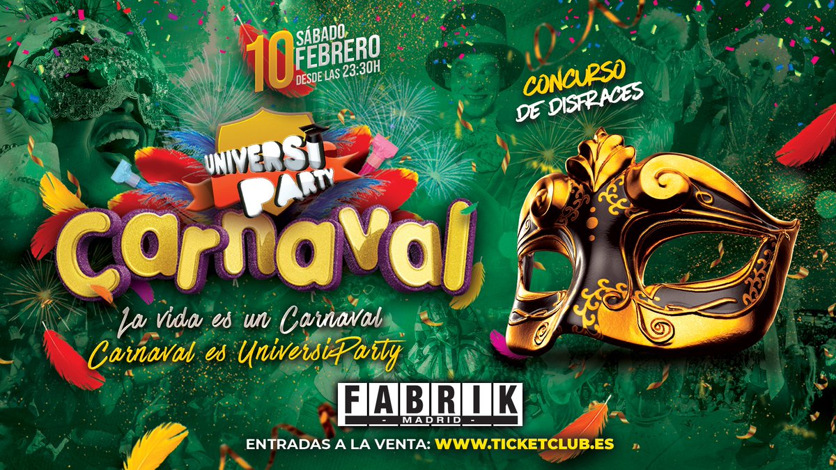 🔥🎠 <a href="/UniversiParty/">UniversiParty</a> #CARNAVAL 🎭

Este 10 de febrero vuelven el cachondeo y los disfraces más locos a la fiesta de Carnaval más grande de Madrid con Universiparty. ¡Entradas ya a la venta desde 20€ con dos consumiciones! ticketclub.es/es/plans/149748