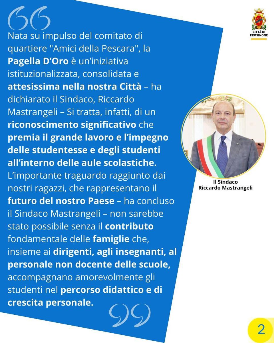 𝐒𝐀𝐁𝐀𝐓𝐎 𝟏𝟑 𝐆𝐄𝐍𝐍𝐀𝐈𝐎 𝟐𝟎𝟐𝟒 𝐎𝐑𝐄 𝟗.𝟎𝟎 𝐓𝐎𝐑𝐍𝐀 𝐋𝐀 𝐏𝐀𝐆𝐄𝐋𝐋𝐀 𝐃'𝐎𝐑𝐎
Nell’aula consiliare del Comune di Frosinone, si terrà la ventiseiesima edizione della Pagella D’Oro.

#riccardomasteangelisindaco #frosinone #scuola