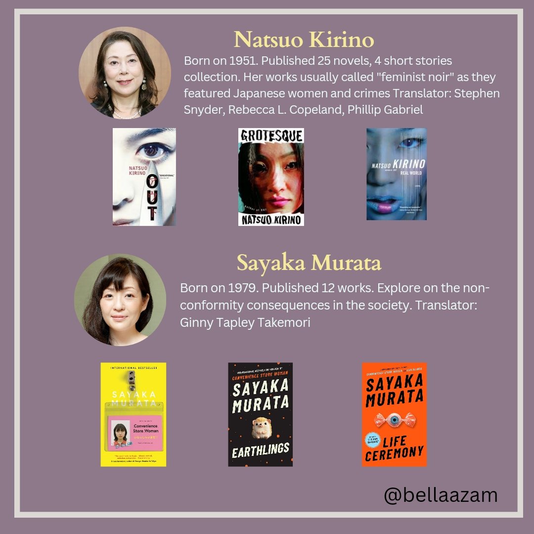 literaturebells's tweet photo. Japanese Author &amp; the list of books thats available in English. If you want to read them, highly suggest Yuko Tsushima for melancholy, Sayaka Murata for the unhingedness, Yoko Ogawa is human psyche, Masako Togawa for feminism, Natsuo Kirino for the rage &amp; gore https://t.co/mV3L7B8iX4