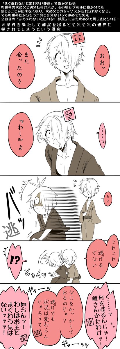 父父まんが
※続き
※受け父と攻め父が同じ世界にいる謎時空
※条件を満たして部屋を出るとそれぞれの世界に返される設定

2回目の『まぐあわないと出れない部屋』に入れられた2人 