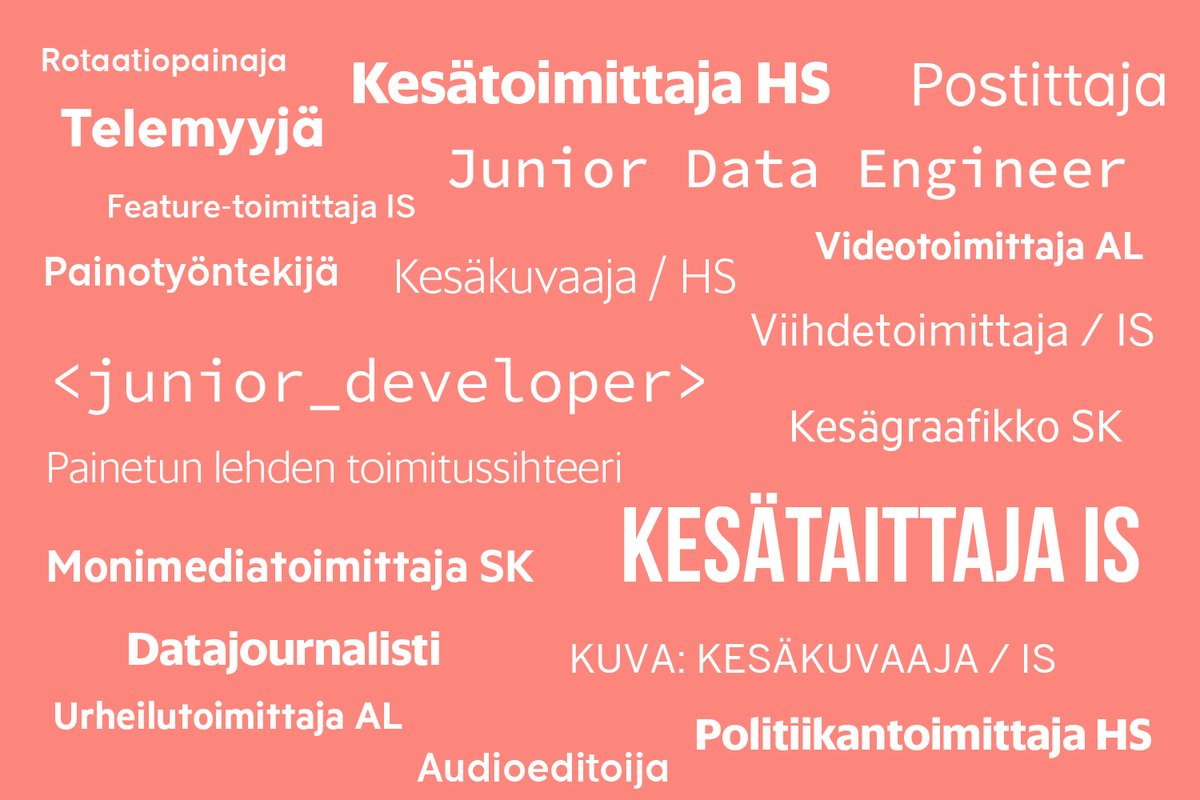 Etsimme nyt yli 260 kesätyöntekijää mediatalon monipuolisiin tehtäviin. Lue lisää ja toimi nopeasti 👉 sanoma.fi/kesarekry
