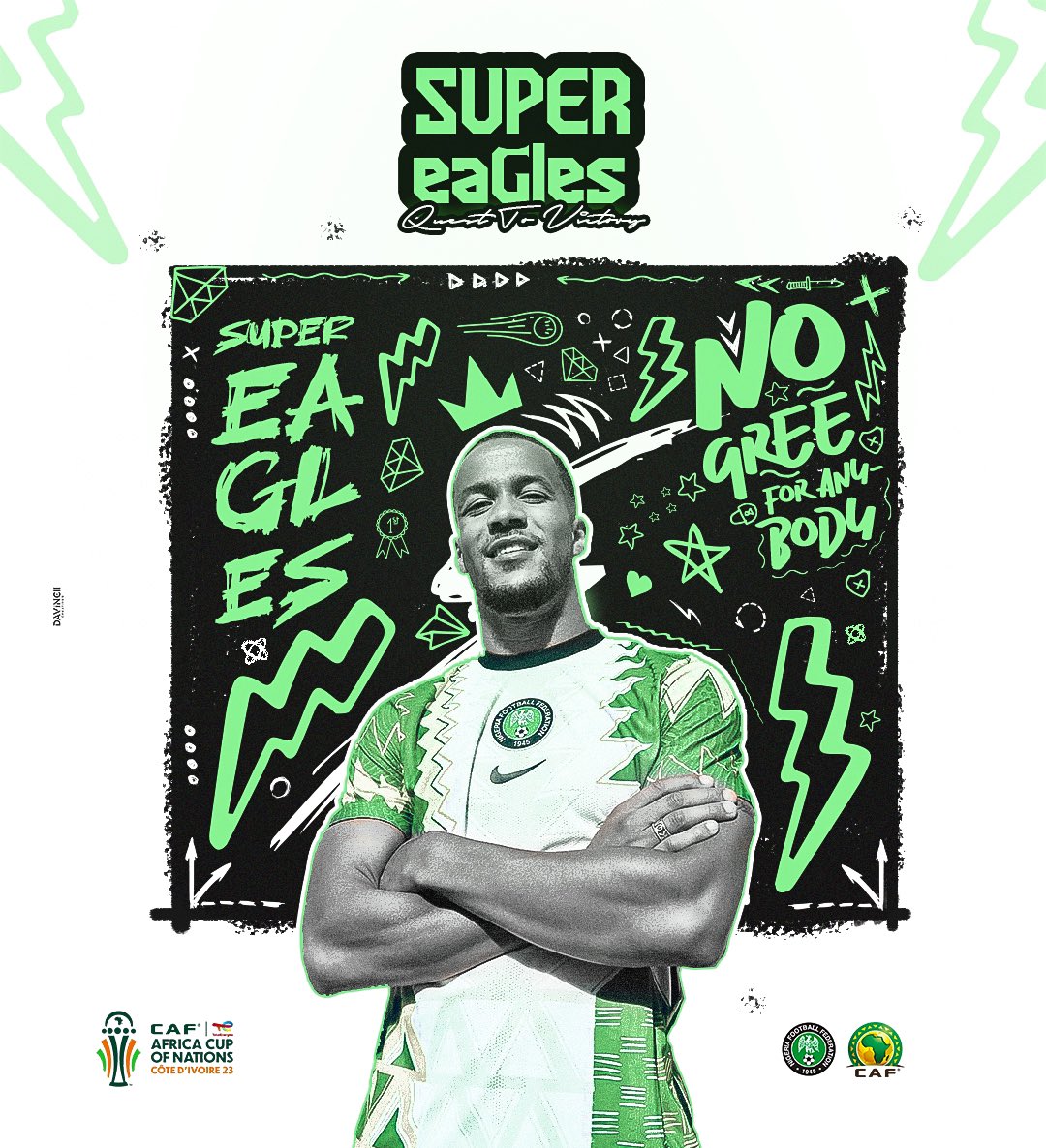 davydavincii's tweet image. Super Eagles Quest to victory: No gree for anybody 🇳🇬🥇.

Made this design for @NGSuperEagles team for the upcoming AFCON, would be cooking up more designs for the team.🎨⚡️

Your retweets are highly appreciated 💚

#SoarSuperEagles #LetsDoItAgain #TotalEnergiesAfcon2024