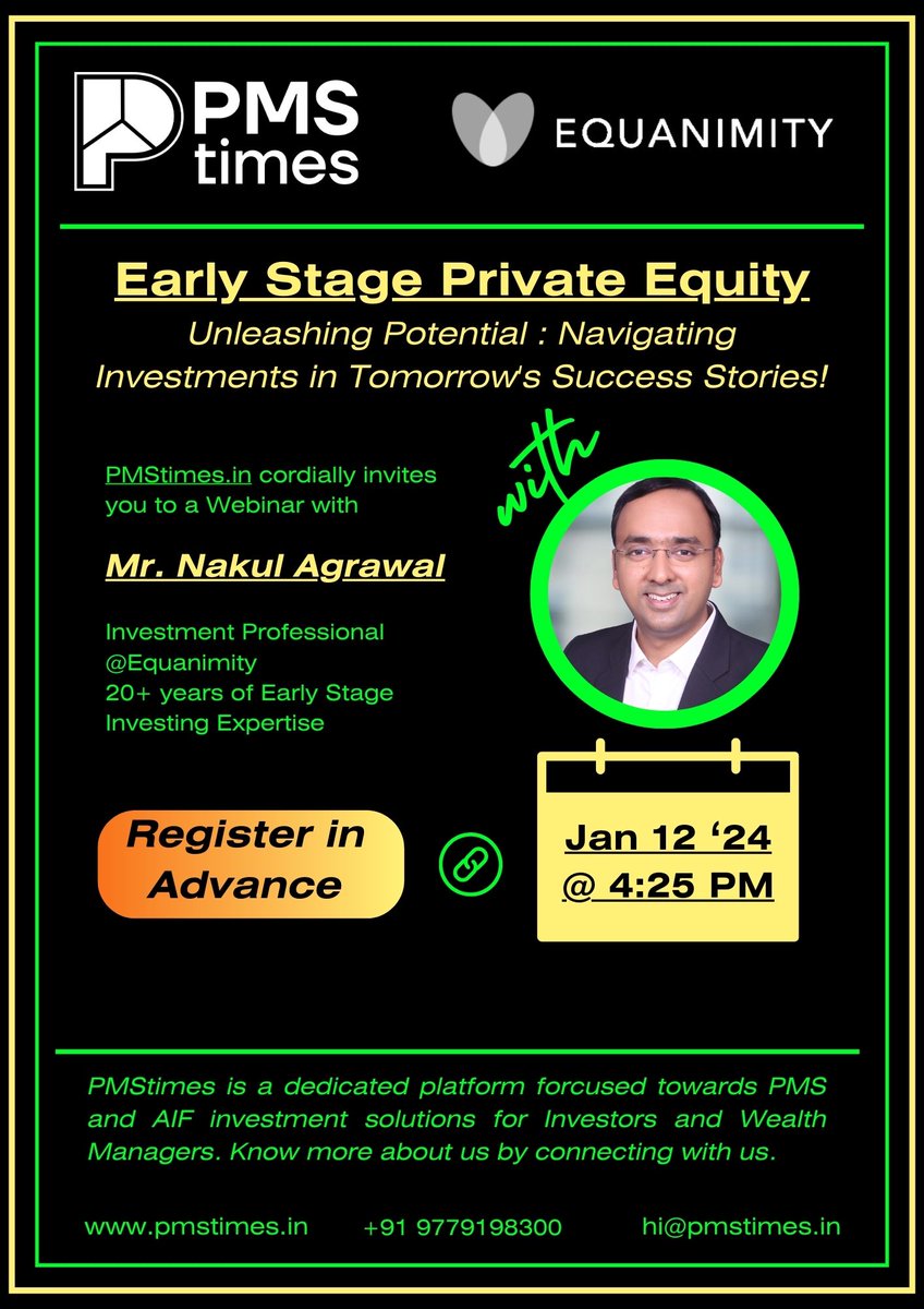 pmstimesindia's tweet photo. Happy to host Mr. Nakul Agrawal of Equanimity for an exciting session on Early Stage Investing through Private Equity. 
Register now on the link below. 
https://t.co/YQlRcYBWmh

#Investing #PrivateEquity https://t.co/1SlPUF5h9k