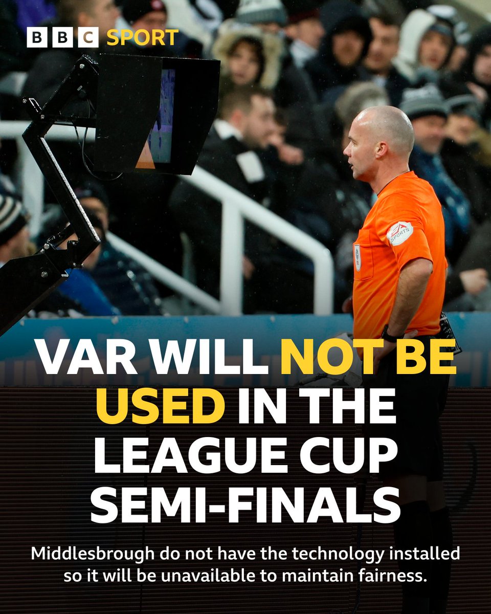 BBCSport's tweet photo. There will be no VAR in the League Cup semi-finals ❌

#BBCFootball https://t.co/AqdpTCTF9o