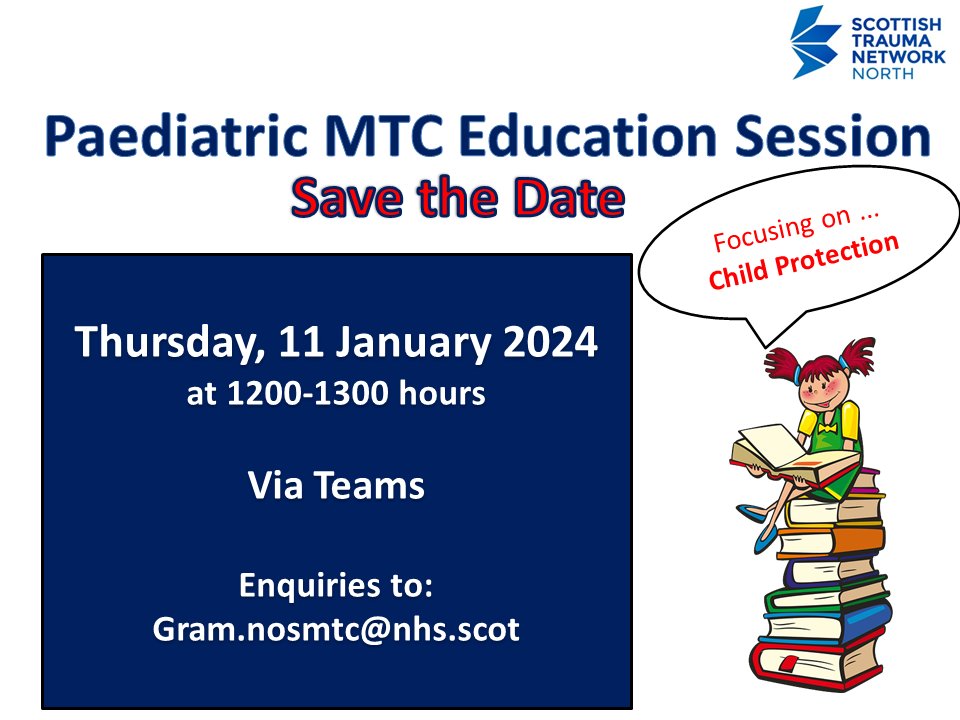 Don't miss out on the first of the year's paediatric education sessions on the 11th January, 12-1pm @NHSGrampian @NHSHighland @NHS_Shetland @NHSOrkney @NHSWI @ChildrenUnit @NoS_MTC @ScotTraumaNwk @TraumaSas