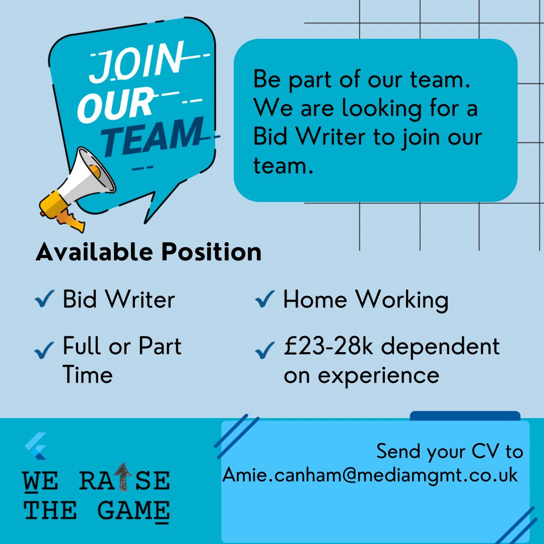 Due to an expanding client base we are looking to recruit a new bid writer. 

This could be a full-time or part-time role working from home.

Deadline for applications 31st January.

Email your CV to amie.canham@mediamgmt.co.uk

#weraisethegame #bidwriter #funding #job #vacancy