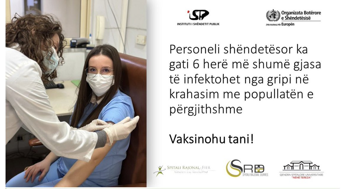 SpitaliD's tweet photo. Evidencat: Rishikimet sistematike dhe meta-analizat e publikuara në PLOS ONE (2011,
2016) tregojnë se personeli shëndetësor ka 2-6 herë më shumë gjasa të infektohen me grip.
Link: https://t.co/2i2pvwUaMK
 
#GodasimGripin
#VaksintVeprojnë
#VaksinatShpëtojnëJetë https://t.co/pDGEbTnHOP