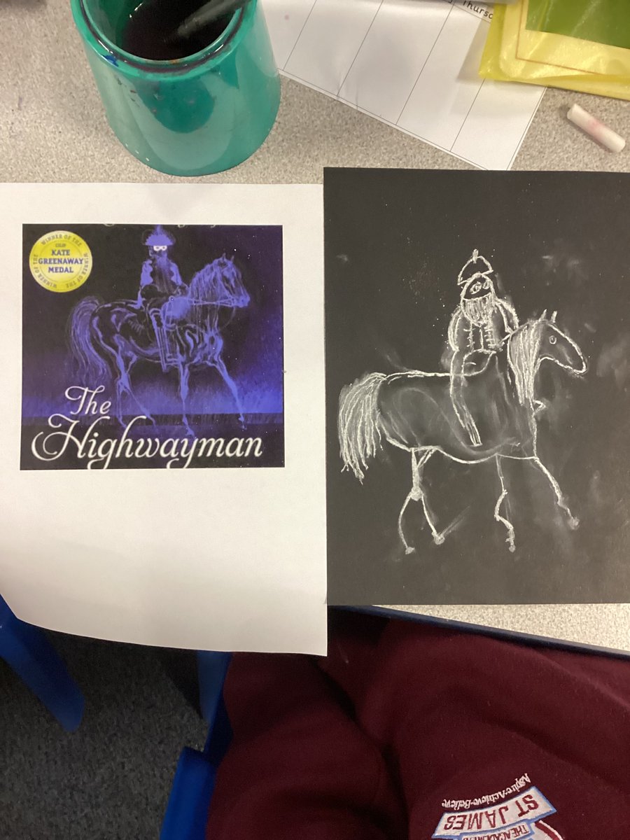 year5and6church's tweet photo. This morning we have been looking at The Highway plan and have started to create our own images with chalk to represent the horse and rider. 🐴 @church_prim #art #hookday #thehighwayman https://t.co/fSJ2p6FBhU