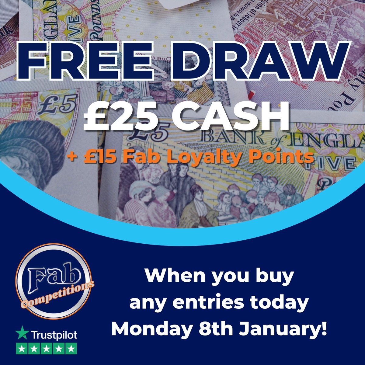 FABCompetition's tweet image. 💷Fancy some FREE cash?💷

Well, if you enter ANY comp on fabcompetitions.co.uk today, then you'll get a free entry into a draw to win £25 cash and £15 Fab Loyalty Points! 🌟

🕛 You've got to enter by midnight though.

📢 PLUS save 15% today with code FIFTEEN

#freecompetition
