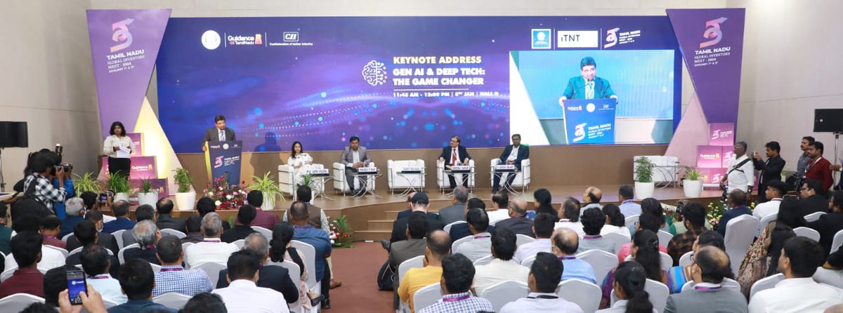 ptrmadurai's tweet photo. Delivered keynote address on "Gen AI and Deep Tech: The Game Changer" at the Global Investors Meet 2024 today and spoke on the Tamilnadu government's commitment —Using AI and Deep Tech—  to foster inclusivity, cultivate an entrepreneurial ecosystem, nurture excellence in AI and DeepTech, and craft national policies collaboratively for responsible and ethical deployment of transformative technologies.