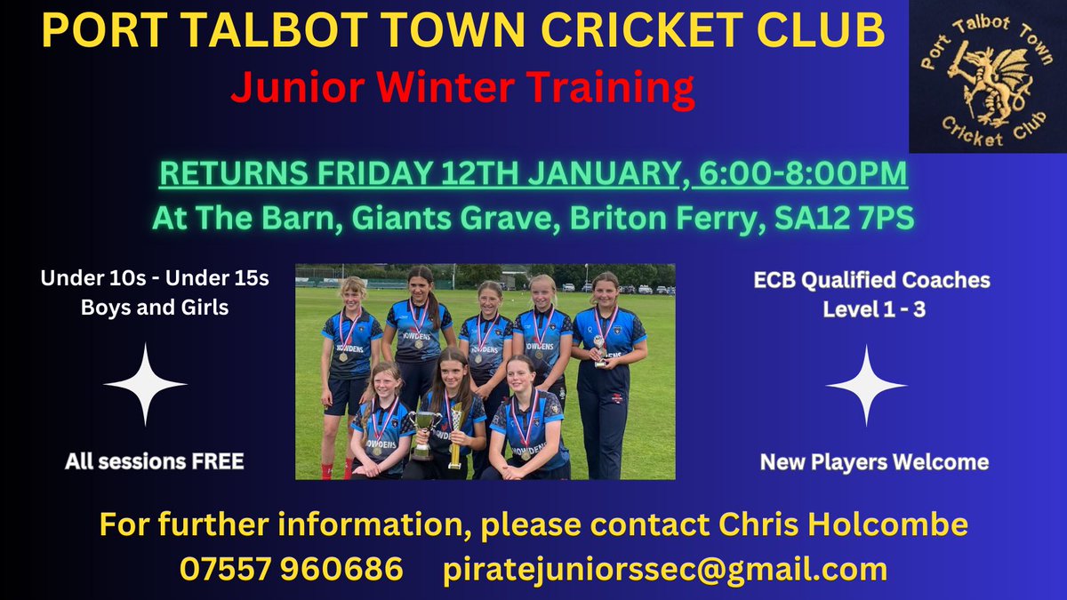 Junior training for Under 10s-15s Boys &amp; Girls resumes this Friday. All sessions free. New players welcome.