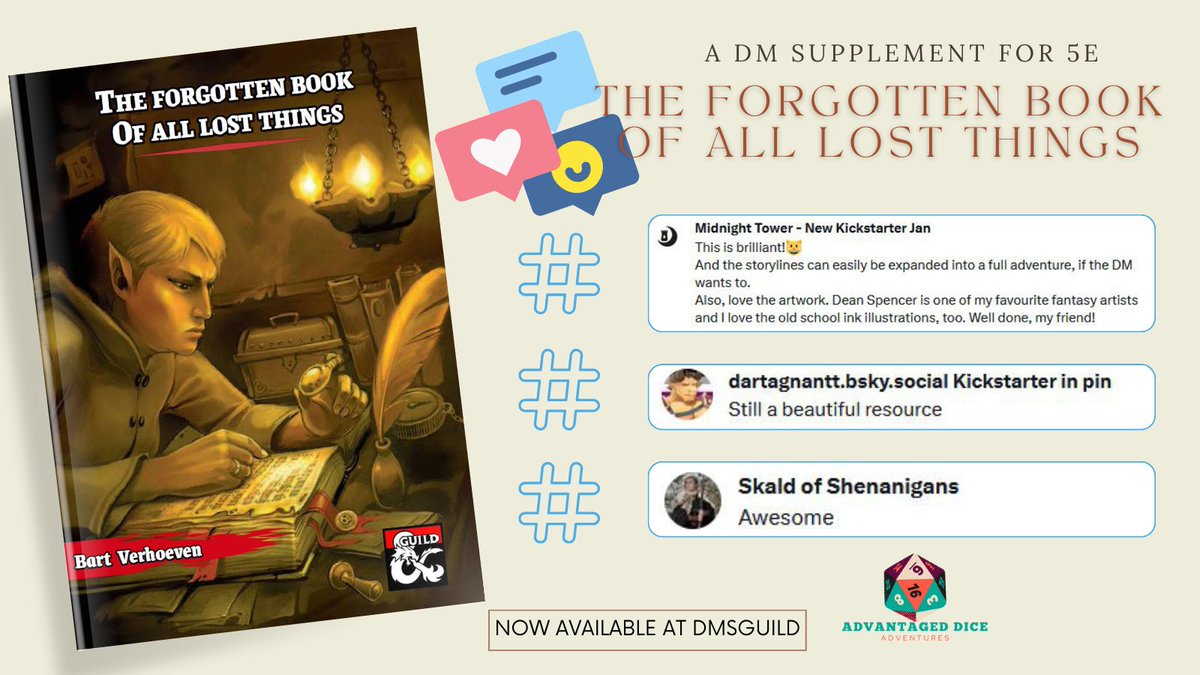 Thanks for the lovely comments on my newest #dnd5e supplement for DM's. 
✨22 pages
✨48 ready-made storylines about lost things
✨Rollable tables about all kinds of lost things
✨All artwork inside from the amazing creator Dean Spencer
👉 dmsguild.com/product/464487…
#ttrpgcommunity