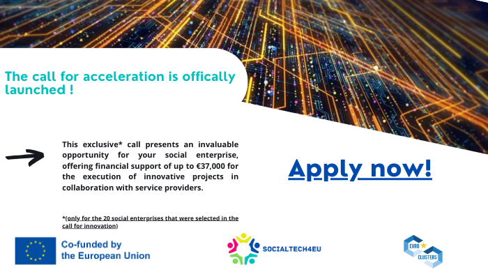 📣 Exciting news! Today SocialTech4EU officially announces the launch of the acceleration call !🤝

This is the third and final call to support social entreprises under SocialTech4EU and it starts today !  ! 🚀
#ECCP #Innovation #Twintransition