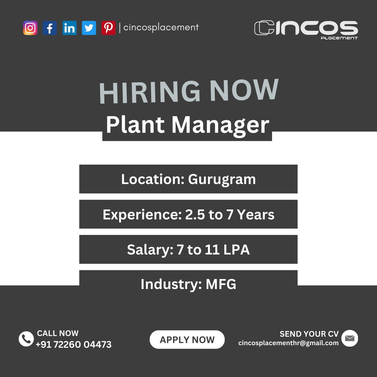 Exciting opportunity for a Plant Manager with the top Job Placement Consultancy in Gurugram.

Contact Us
Phone: +91 7226004473

#PlantManager #GurugramJobs #GrowthLeader #Job #BestJobPlacementInGurugram #PlacementConsultantInGurugram