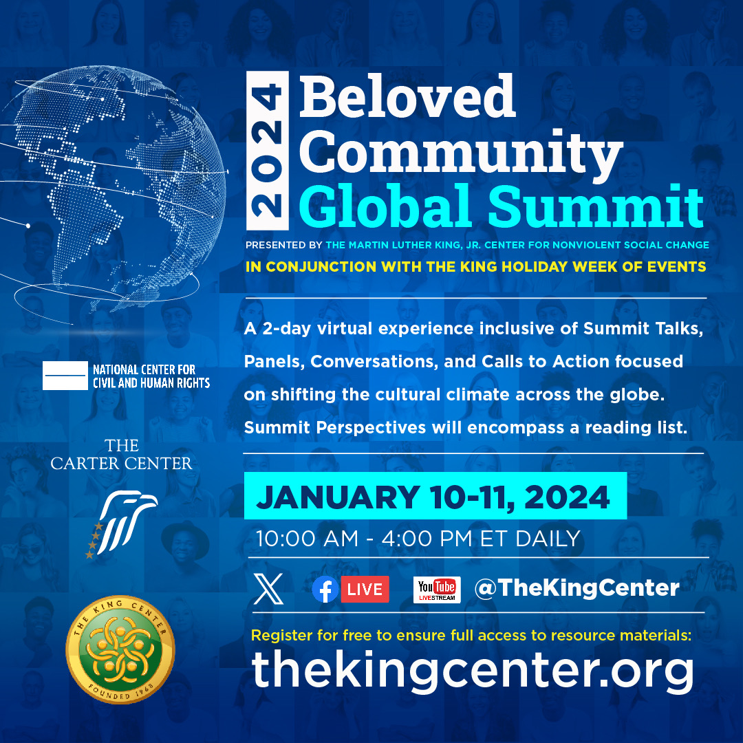 Join me. Be a part of <a href="/TheKingCenter/">The Martin Luther King, Jr. Center</a>'s 2024 King Holiday Observance. The #virtual Beloved Community Global Summit, one of the featured events, will include Summit Talks, panels &amp; action steps for shifting the cultural climate: thekingcenter.org #BCGS #MLK #ShiftTheCulture