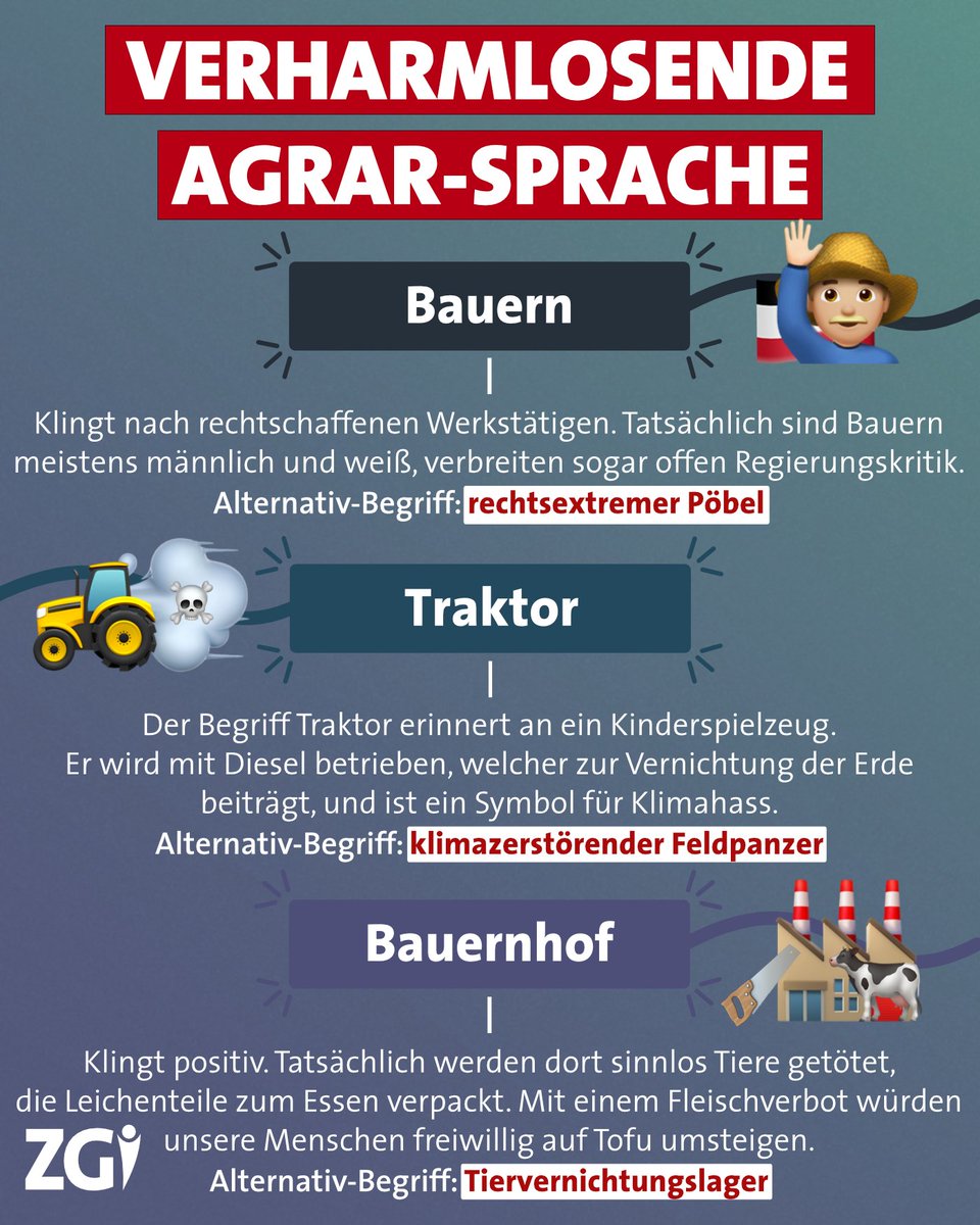 Manche Menschen zeigen Verständnis für die umstrittenen #Bauernproteste - das zeigt: Zu lange wurde verharmlosend über rechte Landwirte berichtet! Wir schließen uns Expert:innen an und fordern Präventivhaft für den rechtsextremen Pöbel, Traktoren müssen beschlagnahmt werden.
