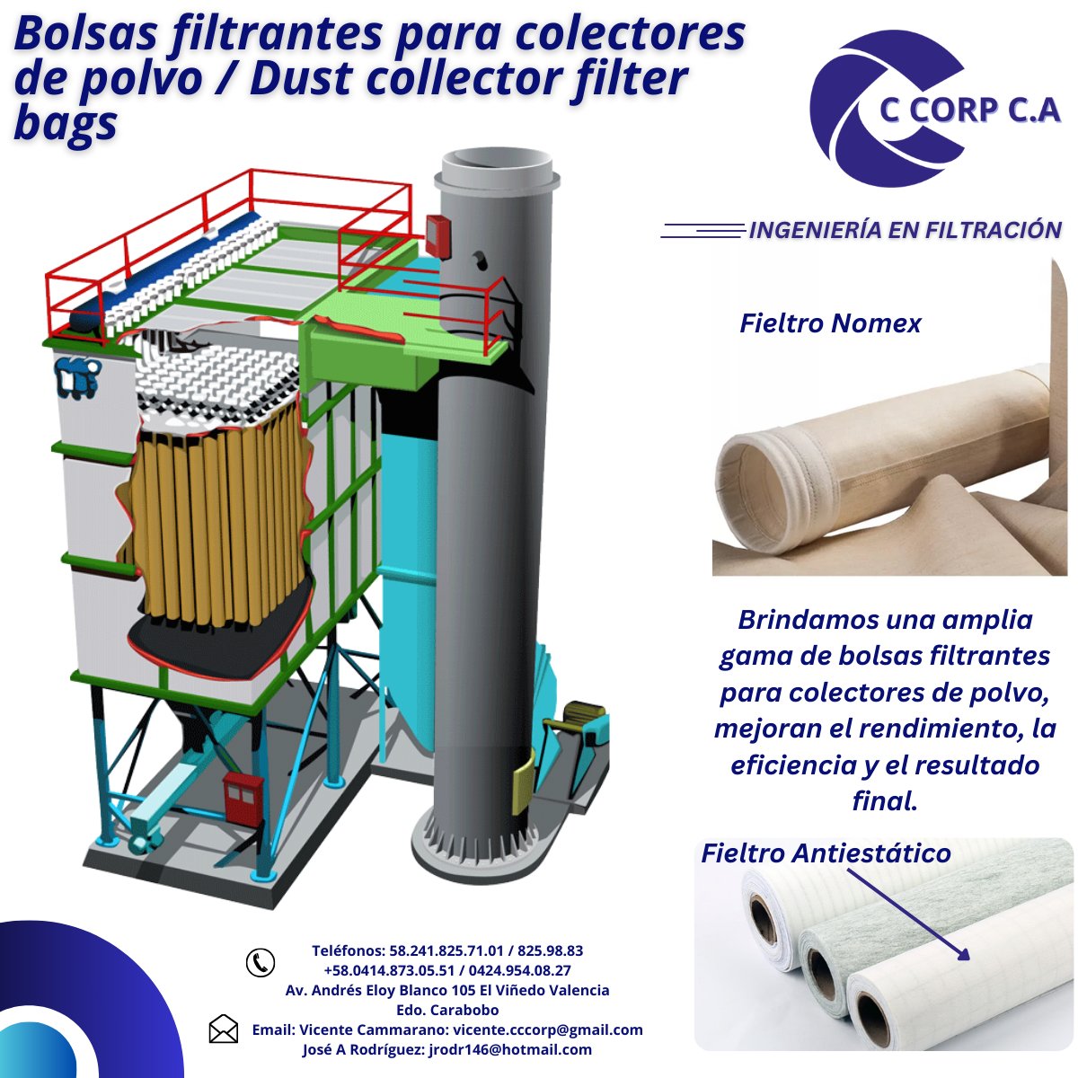 CCCORP12's tweet photo. Bolsas filtrantes para colectores de polvo industriales de alta eficiencia que se adaptan a una variedad de cámaras de filtros y otros sistemas de recolección de polvo. Las bolsas para colectores de polvo vienen en una amplia variedad de recubrimientos, acabados y tamaños https://t.co/VtJNKVsR8I