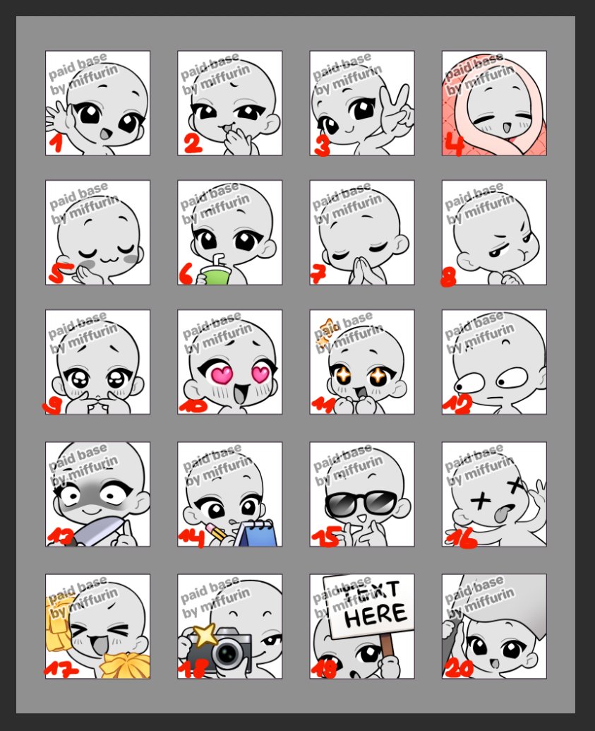 #vtuber #gervtuber huhu liebe Leute :)  ich möchte gerne ein wenig zeichnen üben und habe mir eine tolle Palette an Emote-Basen gekauft von miffurin, wenn jemand Interesse an einer gratis Amateur Emote von mir hat, gerne ref sheets oder Bilder posten und eine Zahl wählen :D
