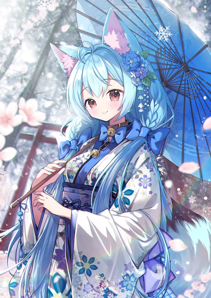 1girl animal ears umbrella kimono solo japanese clothes holding umbrella  illustration images