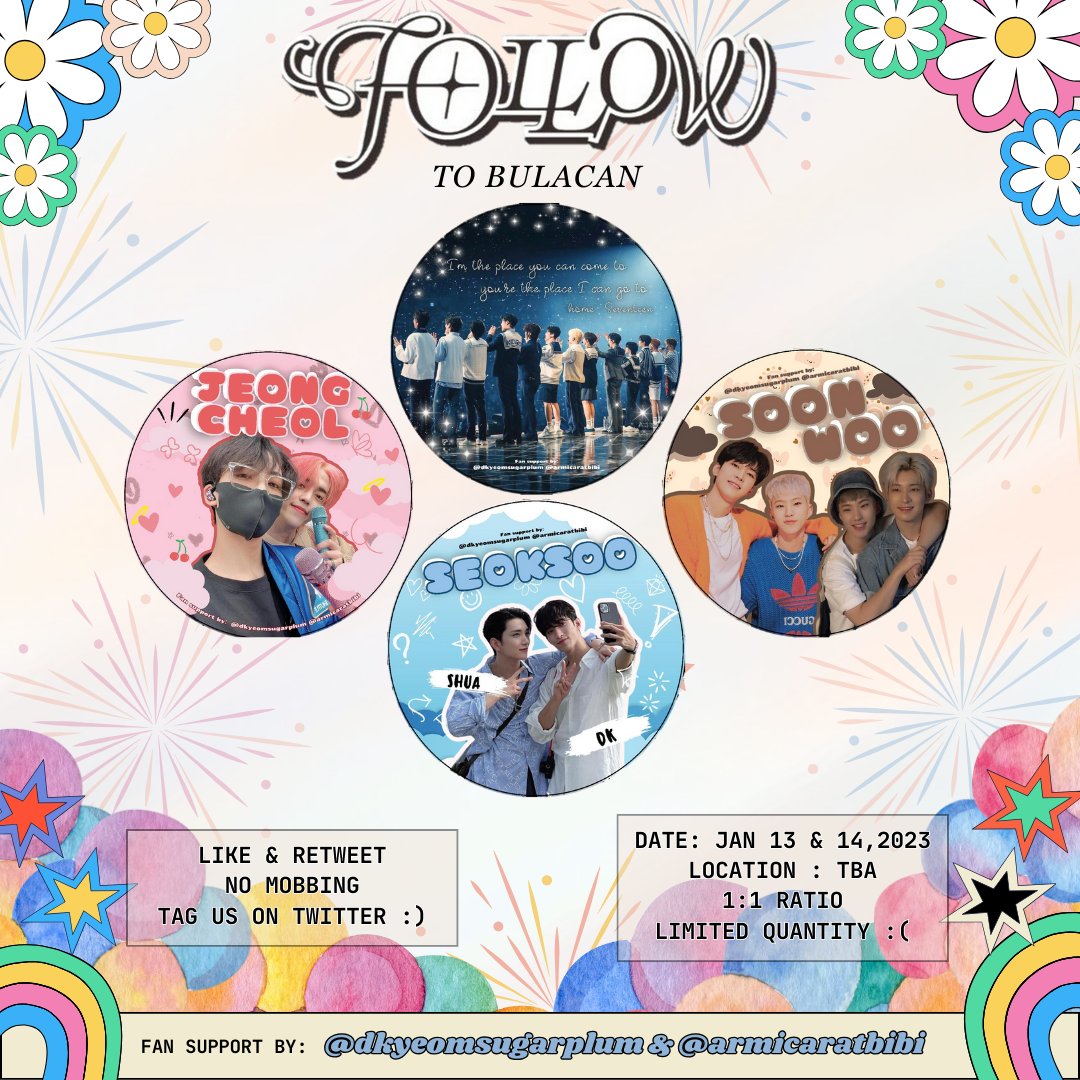 dkyeomsugarplum's tweet photo. FOLLOW TO BULACAN FREEBIES by @dkyeomsugarplum &amp; @armicaratbibi   ✨

🔊 AYO , BULACAN ARE YOU READY?!  

we’ll be giving away Seoksoo, Jeongcheol, Soonwoo &amp; ot13 hand fans on day 1 &amp; 2! 

see you, carats! 💞

#FOLLOW_TO_BULACAN
#FOLLOW_TOUR_IN_BULACAN
#SEVENTEENinBULACAN https://t.co/cXzcFthd2S