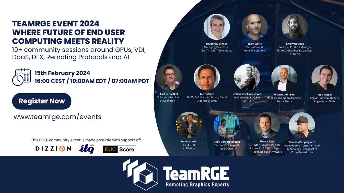 I hope many enjoyed some good time off!
💥Mark your calendar for the <a href="/TeamRGE/">TeamRGE</a> event on Feb 15 - 'Where Future of End User Computing Meets Reality.' 
🏆Join us for a community-driven, free event featuring 11 industry experts and 10 sessions focused on #GPUs, #VDI, #DaaS, #DEX,