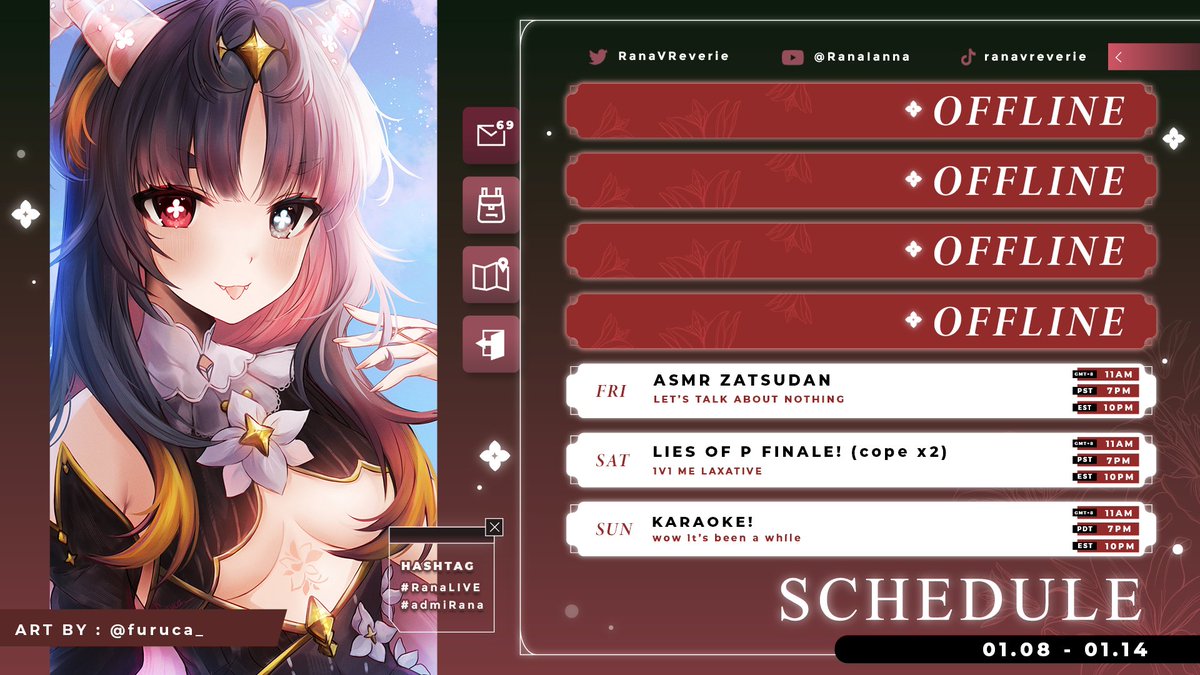 Rana_Ianna's tweet photo. 「𝑾𝑬𝑬𝑲𝑳𝒀 𝑺𝑪𝑯𝑬𝑫𝑼𝑳𝑬」
01.08 - 01.14
🌸GEN: #RanaIanna
🌸LIVE: #RanaLIVE 
🌸ART:  #admiRana 
🌸CLIP: #RanaMP4
🌸MEME:  #ranasayslaugh

⬇️ DISCORD ⬇️
https://t.co/HWqkytjZQA

⬇️ MAROS ⬇️
https://t.co/YfcNonuS6u https://t.co/ptVoSdkKqU