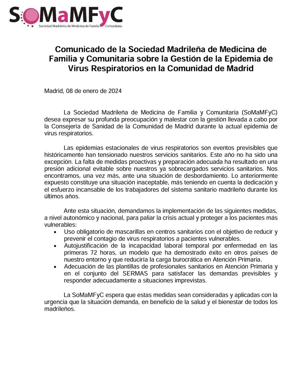 En estos tiempos de epidemia de virus respiratorios no podemos dejar de mostrar nuestro malestar por la gestión de la misma.

Aquí os dejamos una serie de sugerencias para mejorar la situación ⤵️

somamfyc.com/comunicaciones…

#Yomédicadefamilia
#Yomédicodefamilia