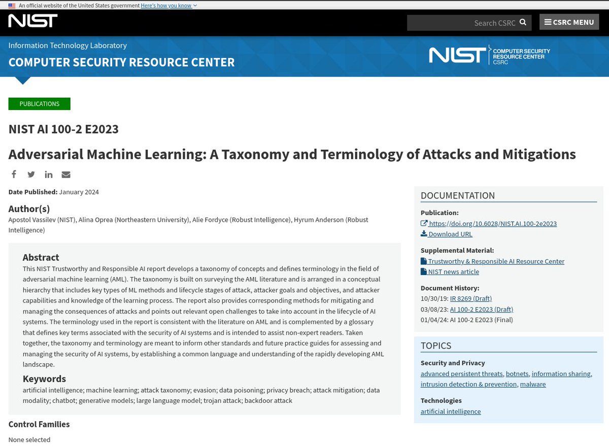 I'm glad that the research of <a href="/calicarpa_com/">Calicarpa SÀRL</a>'s co-founders, <a href="/L_badikho/">El Mahdi El Mhamdi</a>, <a href="/rlt_s/">Sébastien Rouault</a> and myself, was regarded by <a href="/NIST/">National Institute of Standards and Technology</a> as a state-of-the-art to mitigate #cyberattacks on #AI training.
csrc.nist.gov/pubs/ai/100/2/…