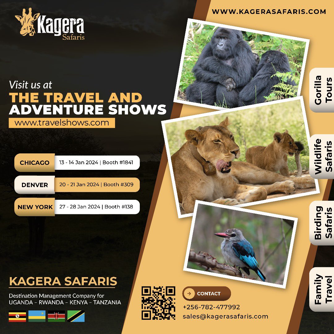 KageraSafaris's tweet photo. Meet us @TravAdventure shows this January. We look forward to planning your 2024 and 2025 travel to Uganda, Rwanda, Kenya and Tanzania. https://t.co/usE6ILzQlb