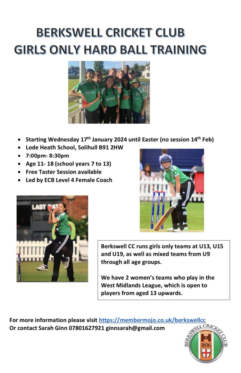 Our girls only cricket training starts soon! New members welcome, equipment provided