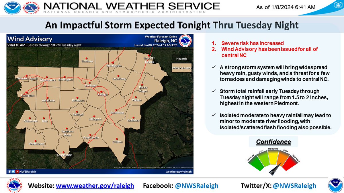 NWSRaleigh's tweet photo. ⛈️A powerful storm will create the possibility of multiple hazards late tonight into Tue night. Strong winds, isolated to numerous severe t-storms, heavy rain leading to scattered flash flooding &amp; eventually river flooding are all possible. Be weather alert Tue! #NCwx https://t.co/sjupikdNP3