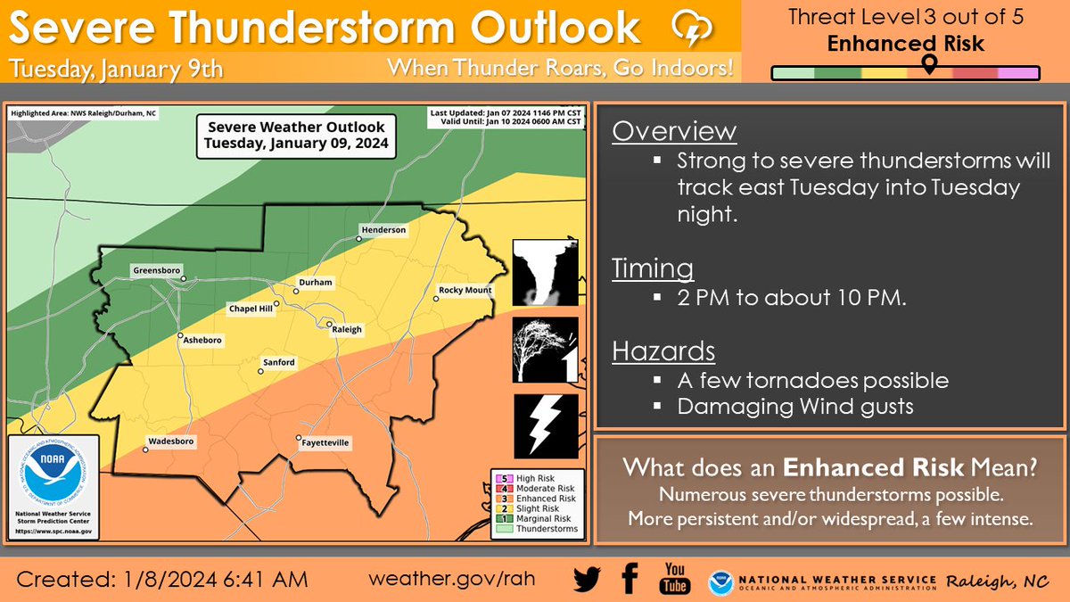 NWSRaleigh's tweet photo. ⛈️A powerful storm will create the possibility of multiple hazards late tonight into Tue night. Strong winds, isolated to numerous severe t-storms, heavy rain leading to scattered flash flooding &amp; eventually river flooding are all possible. Be weather alert Tue! #NCwx https://t.co/sjupikdNP3
