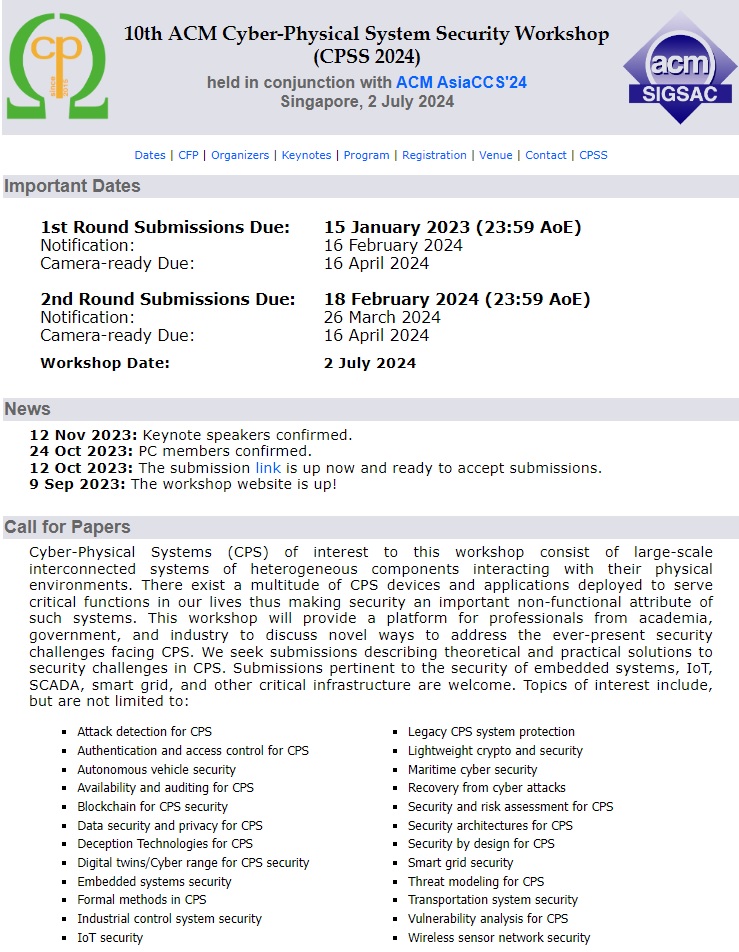 daisuke_mashima's tweet image. The first-round paper submission deadline of the 10th ACM Cyber-Physical System Security Workshop (#CPSS 2024), held with ACM #AsiaCCS 2024 in Singapore, is just a week away!   asiaccs2024.sutd.edu.sg/cpss2024/ #cybersecurity #cpssecurity #icssecurity #iotsecurity